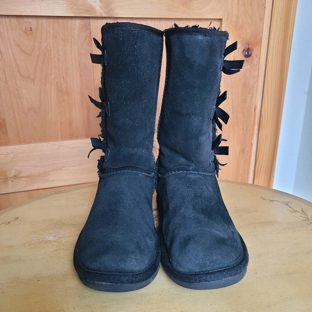 Koolaburra by UGG US 4 Black Suede Victoria Tall‎ Triple Bow Boots Kids Y2K Cozy